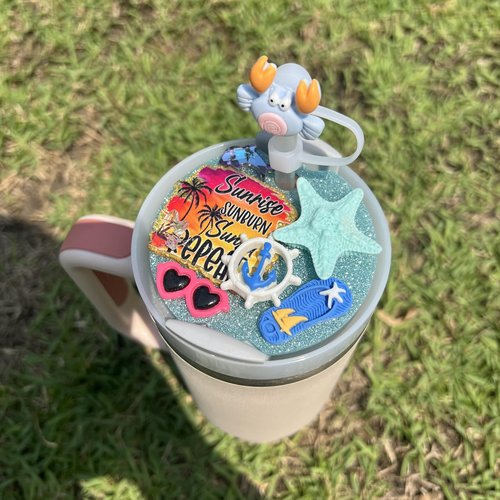 Cute Coastal Beach Vacation Charm for Stanley Cup Accessories 40 Oz Tumbler with Silicone Straw Cover Cap and Lid Plate