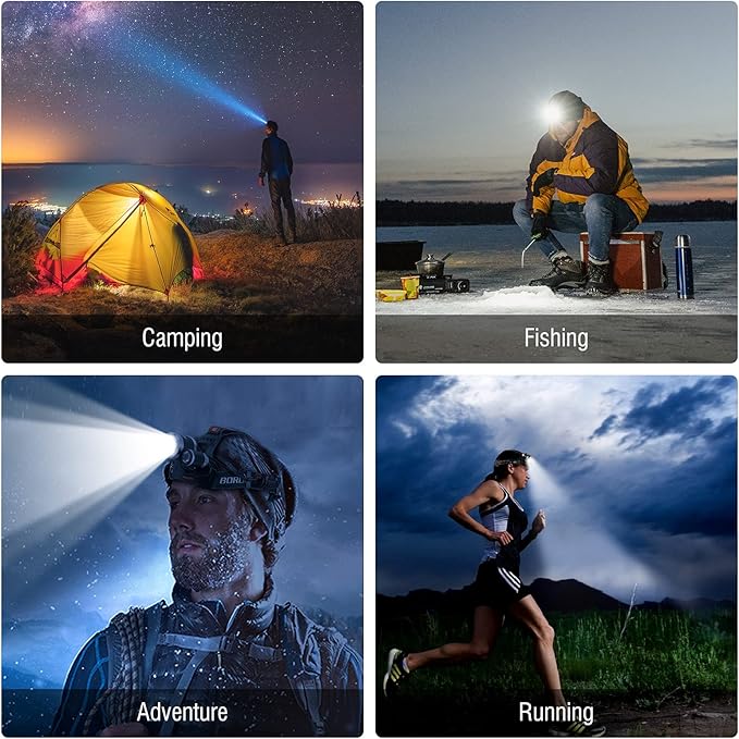 BORUIT RJ-3000 Rechargeabe LED Headlamp 5000 Lumens with Black Light, 3 Modes Super Bright USB Head Lamp IPX4 Waterproof Headlight for Adults USB Outdoor Fishing Camping