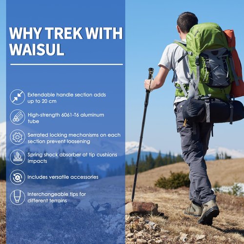 Waisul Tactical Survival Hiking Stick - Collapsible Retractable Walking Staff, Outdoor Multitool Tactical Gear, Trekking Poles for Hiking, Camping Birthday Gifts for Men Dad Husband