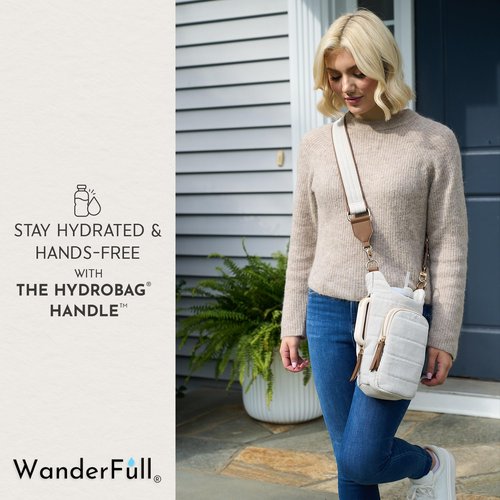 WanderFull HydroBag® HANDLE, Zipper for Handle, 40 oz Water Bottle Holder w/Strap, Crossbody Water Bottle Carrier Bag w/Phone Pocket, Tumbler Accessories - Oatmeal Canvas w/Vegan Leather Trim Strap