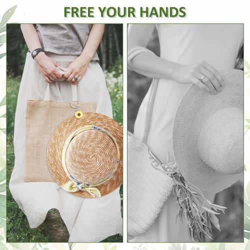 2 Pcs Hat Clip for Travel on Bag- Securely Attach Hats to Bags, Totes, Luggage - Hands-Free, Prevents Loss at Beach/Outings (US, Alpha, One Size, Bamboo Ring, Yellow & White Flowers)