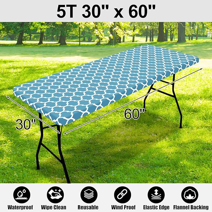 Smiry Rectangle Picnic Table Cover, Waterproof Elastic Fitted Camping Tablecloths for 5 Foot Tables, Wipeable Flannel Backed Vinyl Tablecloth Protector for Indoor, Outdoor (Light Blue, 30x60 Inches)