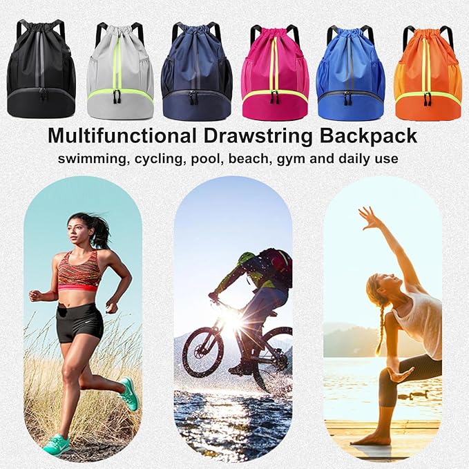 Swim Bag Drawstring Backpack with Wet Pocket Shoe Warehouse String Bag Sackpack for Beach Swimming Pool Gym Sports (Yellow)