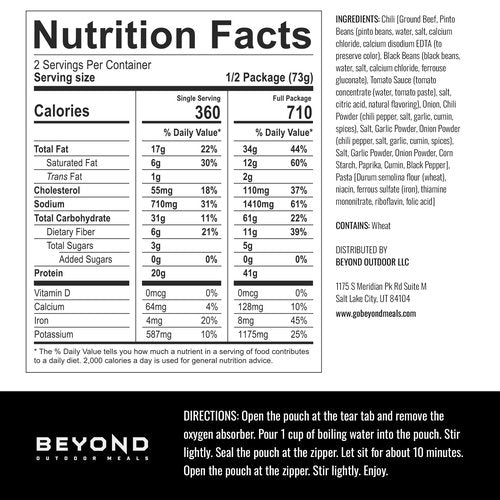 Beyond Outdoor Meals Chili Mac | Freeze Dried Camping & Backpacking Food | High Protein Meals | Just Add Water