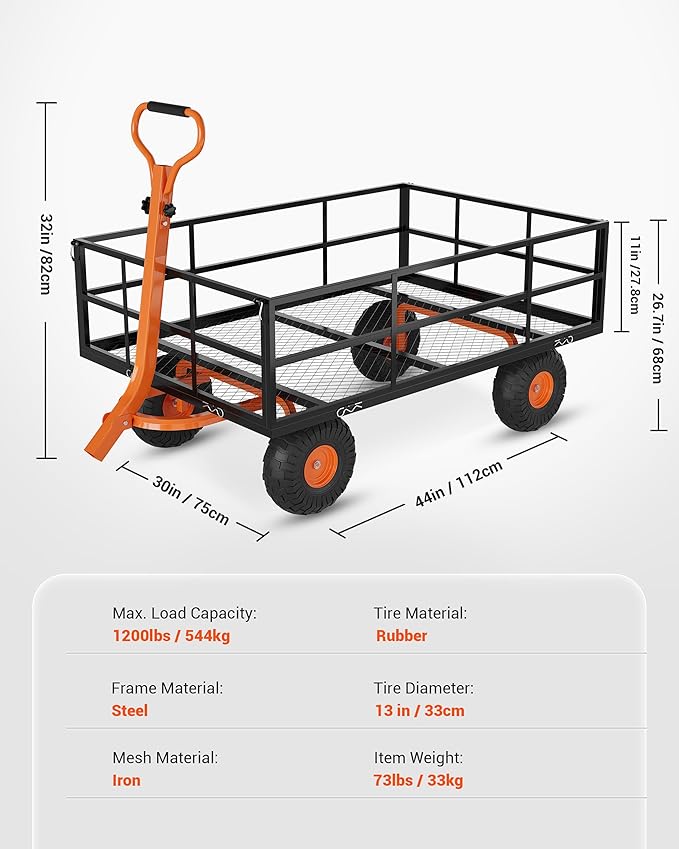 Heavy Duty 1200 Lbs Capacity Steel Garden Cart, Metal Utility Garden Carts and Wagons, with Removable Mesh Sides to Convert Into Flatbed, 2-In-1 Handle and 13" Tires