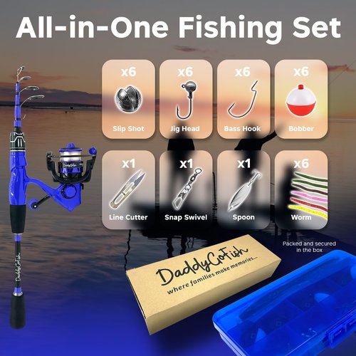 DaddyGoFish Spinning Fishing Rod and Reel Combo Set with Tackle Box | Kids Fishing Pole | Carbon Fiber Telescopic Fishing Rod Kit | Spinning Reel for Travel Saltwater Freshwater Fishing Gear Kit