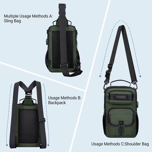 WITZMAN Sling Bag for Men Convertible Travel Sling Backpack USB Charging Port Lightweight Crossbody Bags Casual Daypack(B698 Army Green)