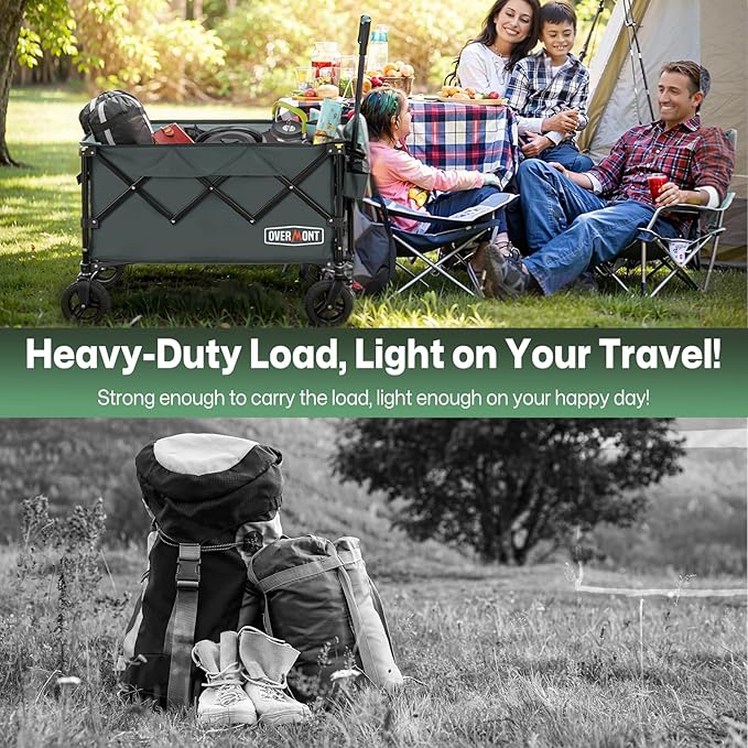 Overmont Ultra-Compact Collapsible Wagon Cart - 200L Portable Folding Wagon with All-Terrain Wheels Utility for Beach, Grocery Shopping, Camping, and Gardening โ 330lbs Load Capacity Grey