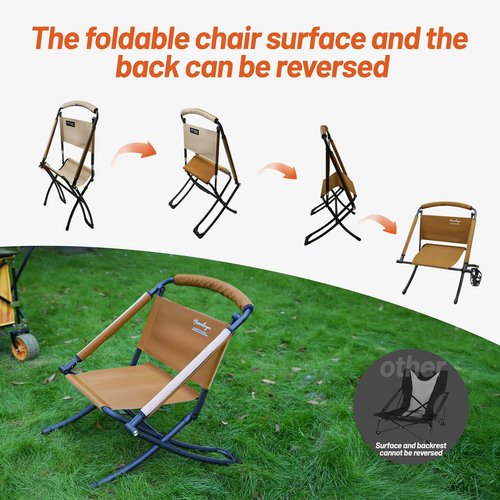 喜马拉雅 Folding Chair Double-Side Seat, Camping Chair Usable On Both Sides, One Chair Two Heights, Carbon Steel Portable Foldable with Cup Holder for Camp Beach Picnic Patio Sports Brown Beige
