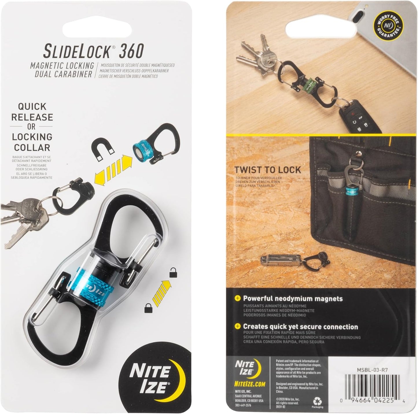 Nite Ize SlideLock 360 Degree Magnetic Locking Dual Carabiner - S-Biners with Twist-to-Lock Collar - Magnetic Carabiner Keychains for Keys, Camping Accessories & More - Blue