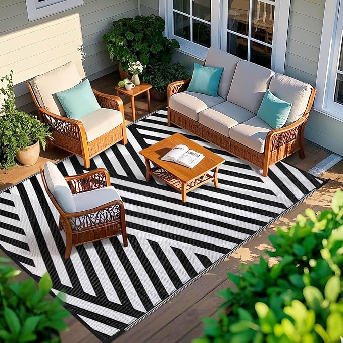 Outdoor Patio Plastic Straw Rug - 9'x12' Outdoor Camping Rug Waterproof Reversible, Area Carpet Patios Clearance RV, Outside Porch Balcony Deck for Camper, White & Black