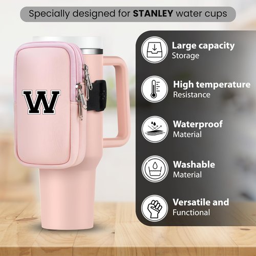 SAMUSAI Initial Water Bottle Carrier Bag for Stanley-Tumbler pouch with Zipper Pocket Travel mug pouch- Personalized A-Z Phone Pocket for Stanley Cup Accessories - Detachable Large Phone Pocket