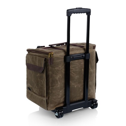 PICNIC TIME Somm - 12 Bottle Insulated Waxed Canvas Wine Bag with Rolling Cart, (Khaki Green with Brown Accents)