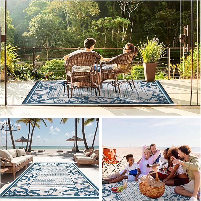 COCOER Outdoor-Rug 6x9 ft Waterproof Reversible Outdoor Plastic Straw Rug RV Indoor Outdoor Carpet Quick Dry Patio Rug Camping Mat for Balcony Backyard Picnic Beach-Blue&White