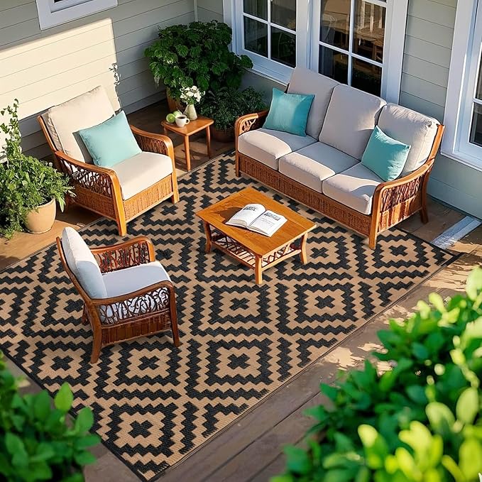 Outdoor Patio Plastic Straw Rug - 6'x9' Outdoor Camping Rug Waterproof Reversible, Area Carpet Patios Clearance RV, Outside Porch Balcony Deck for Camper, Black & Brown