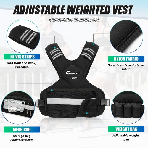 NEALFIT Weighted Vest for Women and Men, 5-10lb/11-20lb/18-30lb Adjustable Weighted Vest with Reflective Strip, Body Weight Vest for Walking, Running, Fitness, Strength Training (Black, 5-10 lbs)