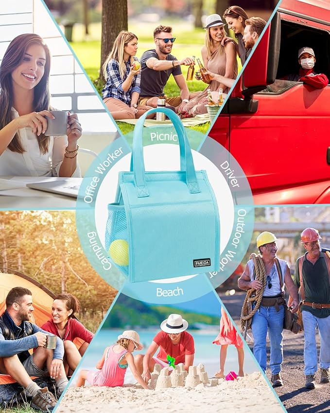 Fmeida Insulated Lunch Bag Women, Simple Lunch Tote Bags, Waterproof Thermal Cooler Lunch Bag, Reusable Adult Lunch Box Bag for Women | Small Sky Blue, Front&Side&Interior Pockets