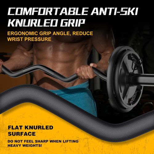 Olympic EZ Curl Barbell Bar, 47" Curl Bar for Weight Lifting, Home Gym Weight Bar- Strength Training,Squat,Hip Thrusts,Biceps, Chrome Curling for 2 Inch Plates -2 Spring Collars (Black)