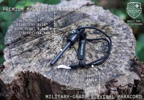 Swiss Safe 5-in-1 Magnesium Ferro Rod Fire Starter Survival Tool - Flint & Steel Striker, Compass, Paracord & Whistle - Emergency Kit for Backpacking, Camping, Hiking - All-Weather - Black, 1-Pack
