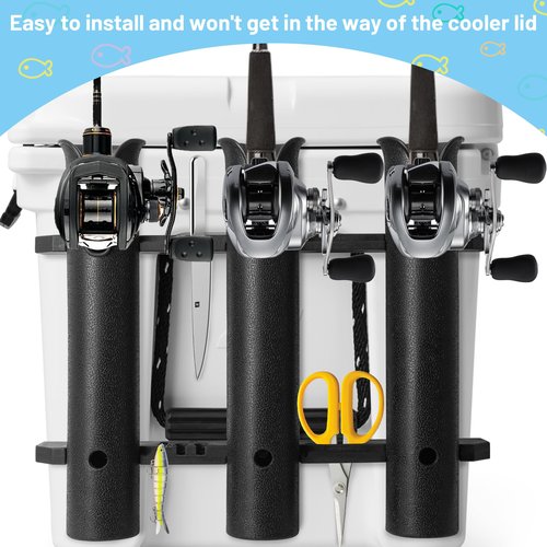Omoojee Cooler Fishing Rod Holder, Wall Mounted Fishing Pole Holder, 3 Link Fishing Rod Rack Compatible with YETI Coolers and for RTIC Coolers, Cooler Accessory, Medium, Black