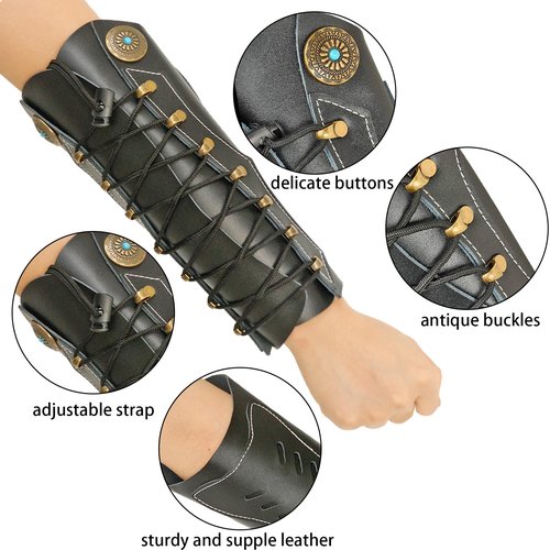 Luoyer Archery Arm Guard with Adjustable Strap Traditional Armguard Forearm Protector Medieval Arm Bracer PU Leather Protective Archery Gear for Recurve Bow Longbow Men/Women (Black)