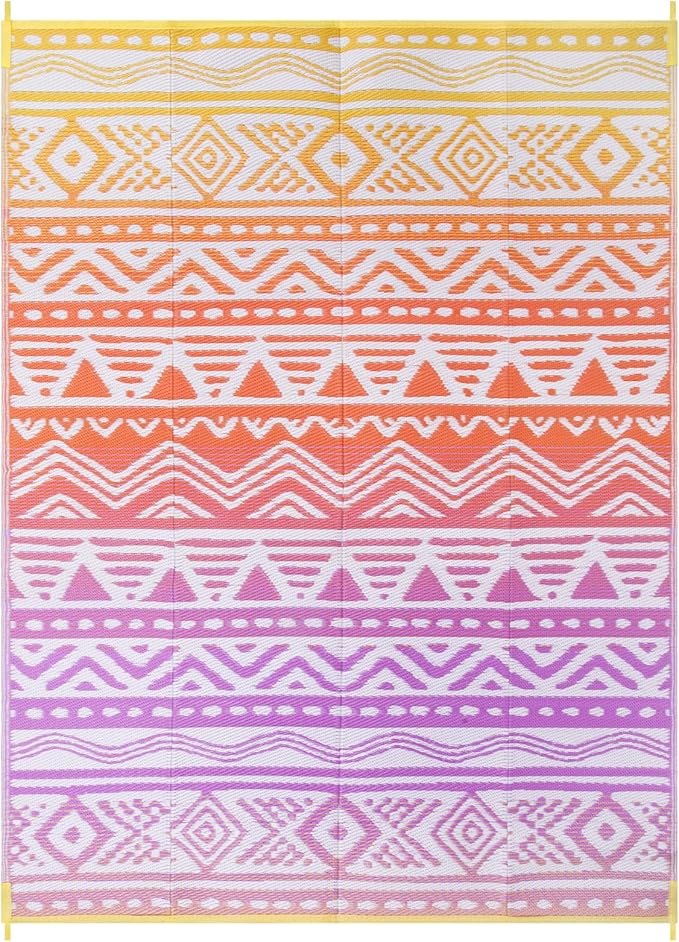 Lahome Outdoor Plastic Straw Rug, Reversible Outdoor Rug Waterproof 9x12 Rugs for Patio, RV Camping Rug Picnic Mat Outside Large Carpet for Beach Deck Backyard Balcony(Orange/Purple,9'x 12')