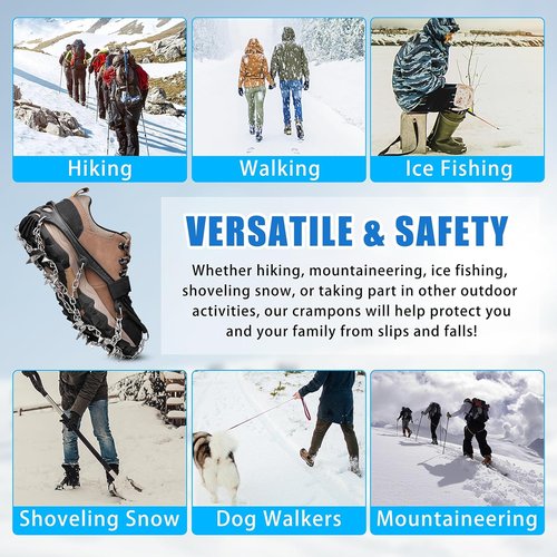 Crampons 19 Spikes Shoes Anti Slip Ice Cleats for Shoes and Boots, Traction Snow Cleats Crampons for Hiking Boots Women Men Safe Protect for Winter Walking Hiking Ice Fishing