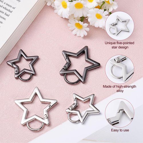 4pcs Star Carabiner, 1.61in & 1.26in Zinc Alloy Cool Cute Star Shaped Carabiner Clip Fashionable Pentagram Carabiner Keychain for Keys Ring Camping Outdoor Travel(Black, Silver)