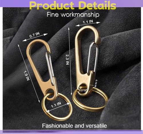 Lxshunlifa Brass Carabiner Clip, Heavy Duty Key Ring, Keychain Hook 1.9" & 2.3" for Belt, 2 Pcs Metal Locking and Stainless Spring Snap, Climbing Backpack Camping Small Hooks