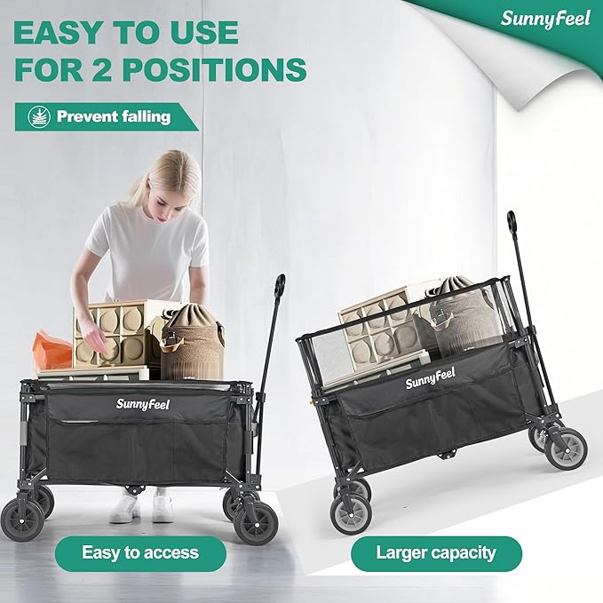SunnyFeel Heavy Duty Collapsible Outdoor Utility Wagon Cart 500LB Capacity Adjustable Handlebar,Foldable Beach Wheels Stable Durable Oxford Fabric for Shopping Garden Camping (Black, Tall Version)