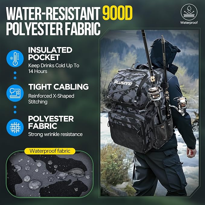 PLUSINNO Cooler Fishing Backpack with Rod Holders 45L Large Water-resistant Fishing Tackle bag Store Fishing Gear Fishing Gifts for Men Father