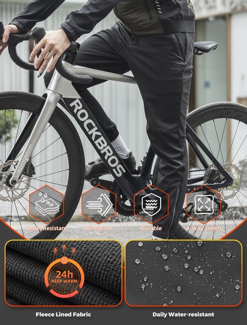 ROCKBROS Winter Cycling Pants for Men Cold Weather Bike Pants Drawstring Sports Jogger Pants for Mens Black