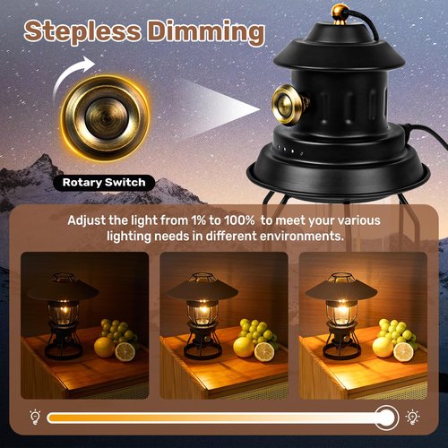 Metal LED Ambient Camping Lantern, 2 in 1 Newest Hanging Standing Camping Lamp, 3500mAh Rechargeable Retro Lantern, Dimmable Ambient Table Lamp with Leather Lampshade for Courtyard Outdoor Decoration
