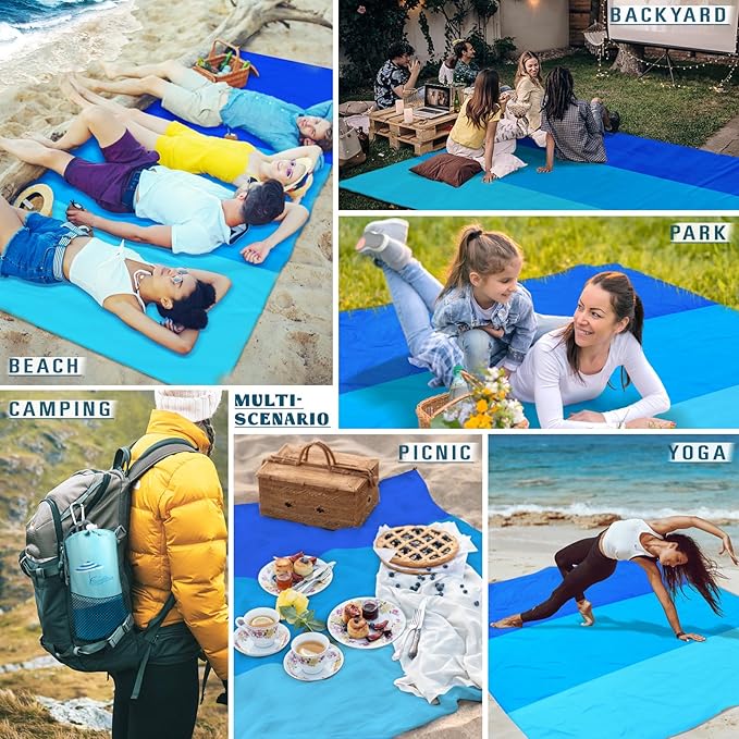 Beach Blanket Sandproof Waterproof 10'ร9' 1-8 Adults Oversized,Compact Lightweight Durable Beach Mat for Travel Camping Hiking Picnic Blanket