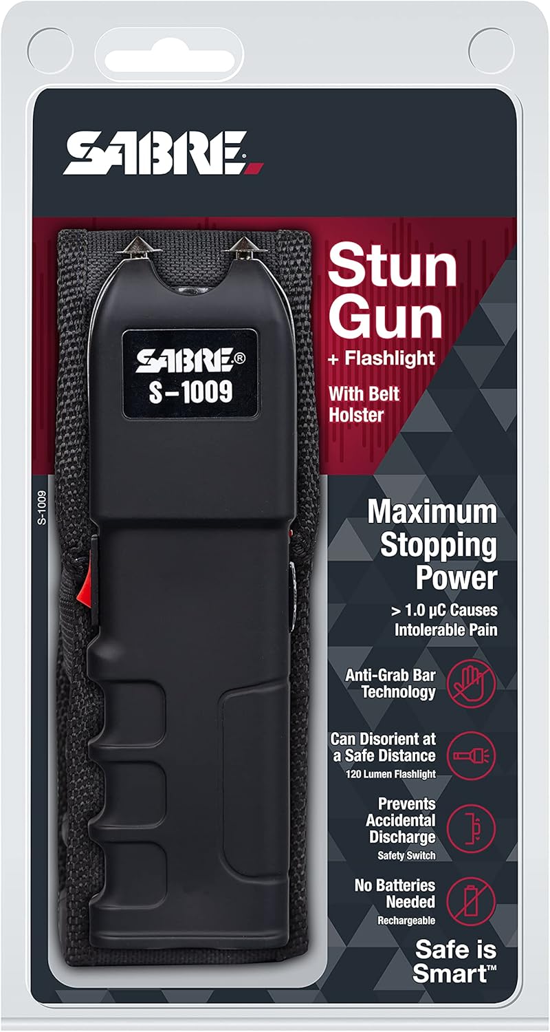 SABRE 2-in-1 Stun Gun with Flashlight and Anti-Grab Bar Technology, Painful 1.250 µC Charge, 120 Lumens, Rechargeable Battery, Safety Switch, Includes Wrist Strap and Belt Holster