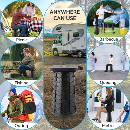 Geavo Square Collapsible Stool with 3-in-1 Carry Bag, Adjustable Retractable Portable Stool Max Load 360lbs, Foldable Stool with Cushion & Beverage Holder, Camping Stool for Fishing Hiking (Black)