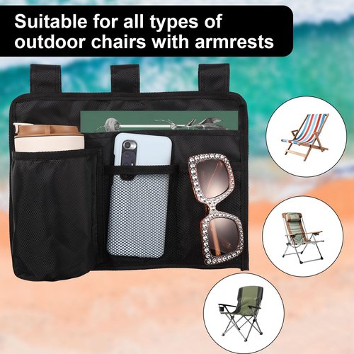Beach Chair Cup Holder Attachment, Black Nylon Beach Chair Drink Bracket 4 Pockets Hanging Cup Holder Stand Adjustable Strap Phone Holder for Patio Lounger, Foldable Camping & Office Chair