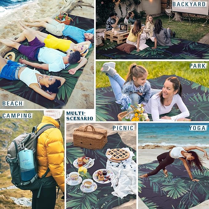Beach Blanket Sandproof Waterproof 78''ร81''1-5 Adults Oversized,Compact Lightweight Durable Beach Mat for Travel Camping Hiking Picnic Blanket