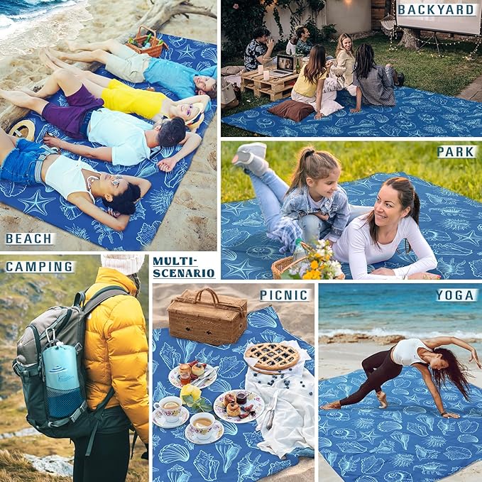 Beach Blanket Sandproof Waterproof 78''ร110'' 1-7Adults Oversized,Compact Lightweight Durable Beach Mat for Travel Camping Hiking Picnic Blanket