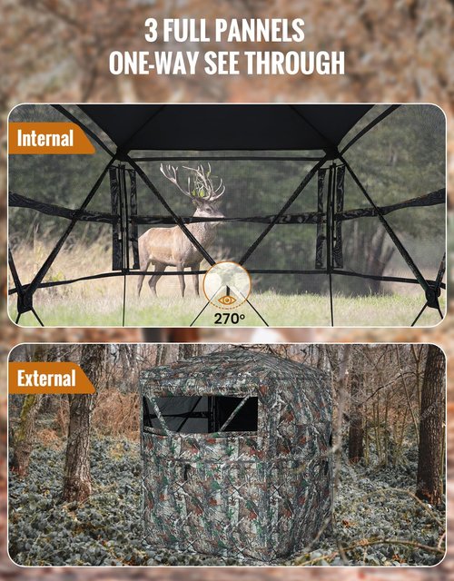 Sportneer Hunting Blind 270 Degree See Through Ground Blind with Silent Sliding Door & Windows for Deer Hunting, 2-3 Person Pop Up Ground Blind for Turkey and Deer with Carrying Bag