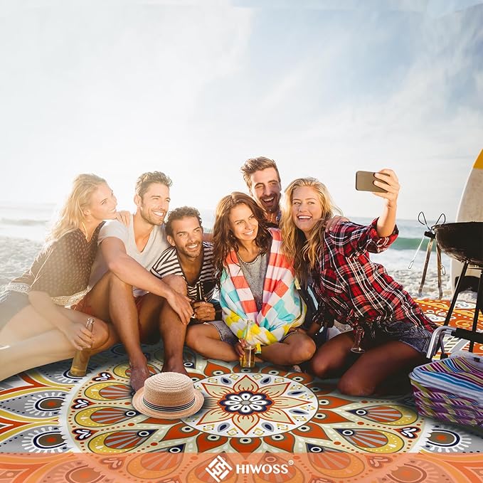 Beach Blanket Waterproof Sandproof Oversized 95โx 80โ,Sand Free Beach Mat with Corner Pockets,Portable Mesh Bag for Beach Festival,Picnic,Travel and Outdoor Camping (Orangegrey)
