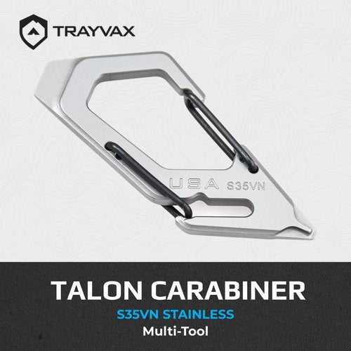 Trayvax Talon Carabiner Clip Multi-Tool, S35VN Stainless Steel Quick Release Keychain Multitool with Bottle Opener and Screwdrivers, Silver