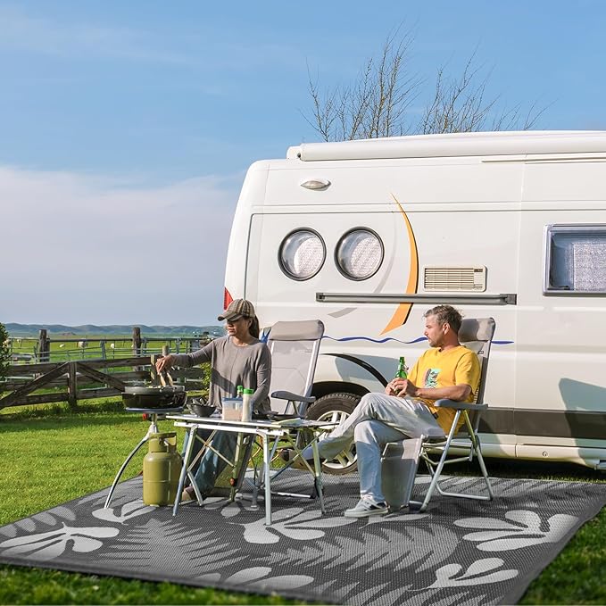 wikiwiki Outdoor Rug, 6x9ft Waterproof Reversible Mat Indoor Outdoor Rugs Carpet, Small Area Rug Plastic Straw Rug for Patio Deck Balcony Pool RV Camping Beach Picnic, Grey Leaves, Rugscape Series