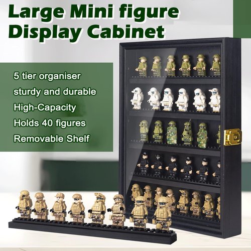 Minifigure Display Case 11X14 Inch with Lock,Figures Building Block Toy Wooden Shadow Box,Miniature Collectibles Display Cabinet Wall Mount or Tabletop for Storage Mini Figure Black