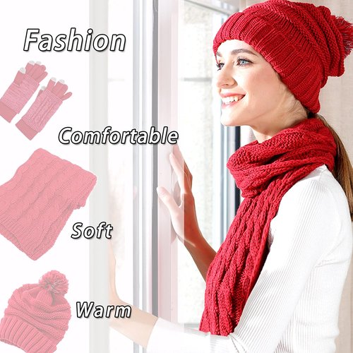 Hat Scarf and Gloves Set for Women - Cable Knit Beanie with Pom, TouchScreen Gloves, Warm Winter Gift