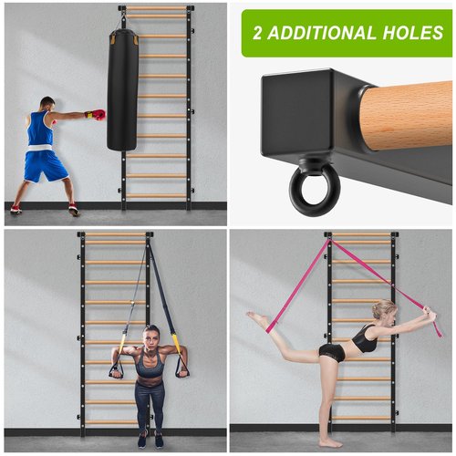 Lifeswell Wood Stall Bar, 2"x2" Swedish Ladder with 1" Hole, 11 Strategic Rods, Wall Mounted Suspension Trainer for Home, Gym, School and Clinic