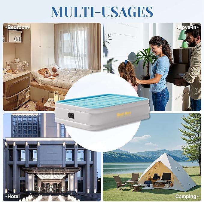 Air Mattress Full with Built in Pump, Plug-in Electric Pump Colchon Inflatable Air Bed, Blow Up Portable Mattress with Bag, Double Air Mattress for Rental Home, Camping and Guests.(18" Full, Blue)
