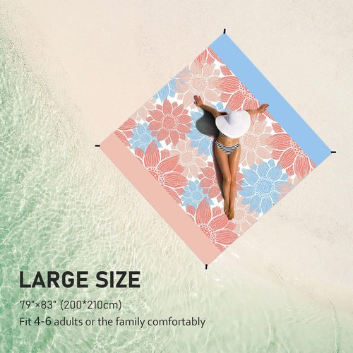 CRAZY SHARK Beach Blanket Sandproof, Extra Large 210 x 200cm Waterproof Beach Mat, Portable Lightweight Outdoor Picnic Mat with 4 Fixed Nails, Reinforced Edging for Beach, Camping, Hiking, Picnic