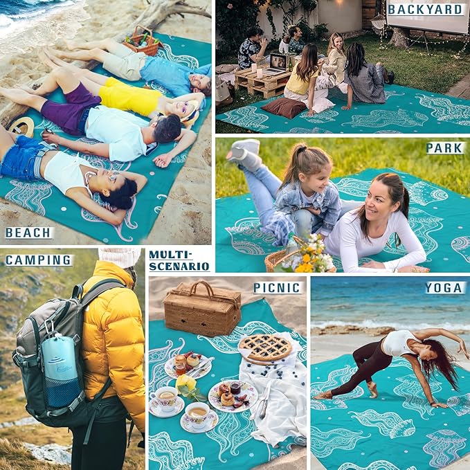 Beach Blanket Sandproof Waterproof 78''ร110'' 1-7Adults Oversized,Compact Lightweight Durable Beach Mat for Travel Camping Hiking Picnic Blanket