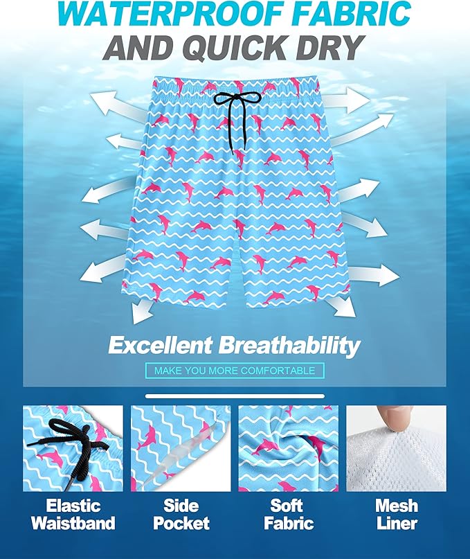 Mens Swim Trunks Quick Dry Board Shorts with Mesh Lining, Breathable Surf Beach Shorts Swimwear Bathing Suits
